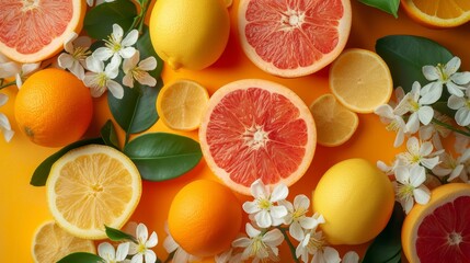 Aufkleber - Fresh Citrus Fruits and white  Flowers on a Orange   Background, top view