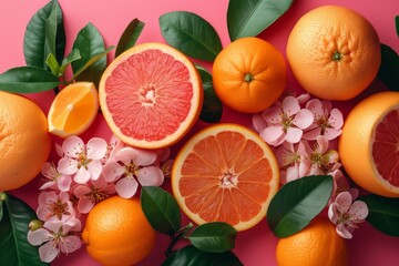 Aufkleber - fresh citrus fruits and pink flowers on a vibrant background
