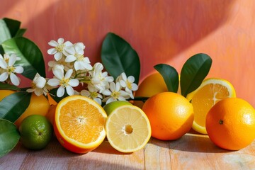 Wall Mural - Fresh Citrus Fruits and white  Flowers on a Vibrant Background 