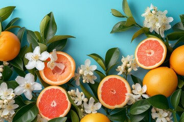 Aufkleber - fresh citrus fruits and pink flowers on a vibrant background