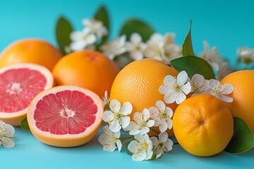 Aufkleber - Fresh Citrus Fruits and Pink Flowers on a Vibrant Background