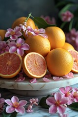 Aufkleber - vibrant grapefruit citrus blossoms with ripe fruits on the table