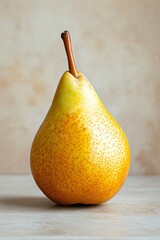 Poster - A ripe pear sits atop a sturdy wooden table.