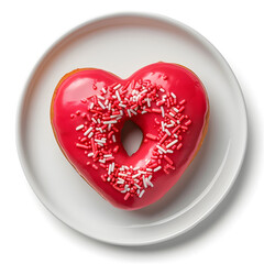 Plate of a Heart Shaped Valentines Day Donut top view  Isolated on white background