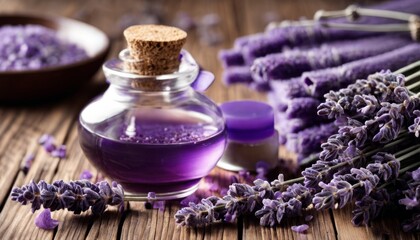 Poster - Purple flowers and lavender oil in a bottle