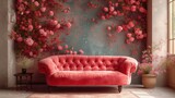 Fototapeta  - Różowa kanapa przedstawiona przed ścianą wypełnioną różowymi kwiatami