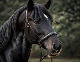 Majestic black horse with a white star marking, wearing a bridle, standing against a blurred natural backdrop