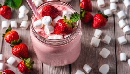 Wall Mural - A glass of strawberry milkshake with marshmallows and strawberries