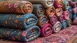 Stos kolorowych wiosennych dywanów ułożonych na stosie