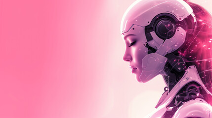 Poster - a side view of a robot girl. Robot head conceptual design closeup portrait beauty Industrial technology concept. Cyber punk girl concept, woman posing whit robot. Artificial intelligence in virtual re