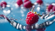 A Ripe Red Raspberry Is Falling Into Water