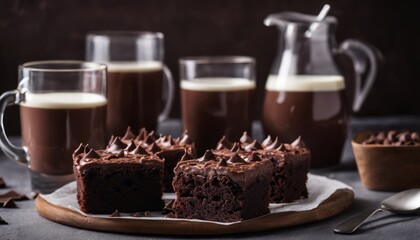 Poster - A plate of brownies with frosting and a pitcher of milk