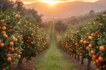 Poster - A picturesque scene depicting a field filled with orange trees as the sun sets in the background.
