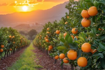 Poster - a garden of oranges with the sun setting in the background.