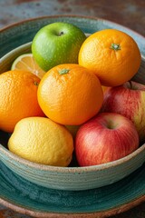 Poster - A bowl filled with fresh oranges and apples placed on top of a wooden table.