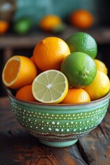 Aufkleber - A bowl filled with fresh lemons and limes placed on top of a wooden table.