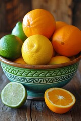 Wall Mural - A bowl filled with fresh oranges and limes placed on top of a sturdy wooden table.