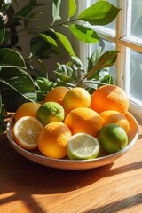 Sticker - A bowl filled with oranges and limes resting on a table.