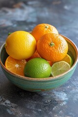 Poster - A bowl filled with fresh oranges and limes placed on a table.