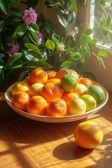 Poster - A bowl filled with oranges and lemons is placed on a table near window  in sunny light