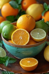 Poster - A bowl placed on top of a table filled with fresh oranges and limes.