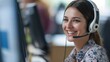 A women wearing a headset and talking on a phone in a call. Helpdesk call-center service operator, answer the phone with a smile and patiently answer customer questions.