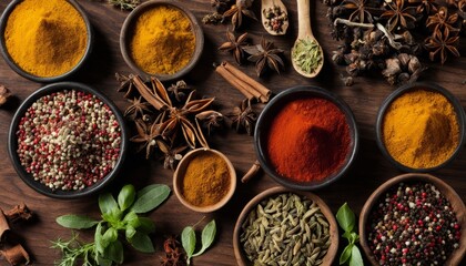 Poster - A wooden table with various spices and herbs