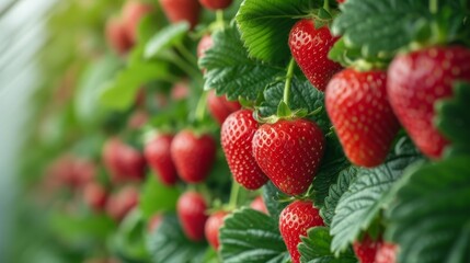 Wall Mural - Fresh Strawberries Growing in a Lush Greenhouse. Strawberries in a vertical hydroponic system