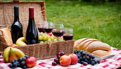 Wall Mural - A basket of fruit and wine bottles on a picnic blanket