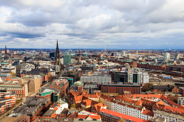 Canvas Print - Aerial view of Hamburg city center, Germany. View from bell tower of St. Michael's Church