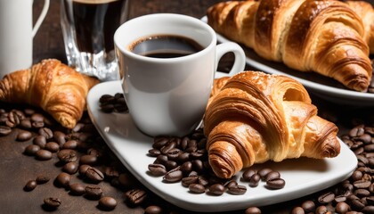 Wall Mural - A cup of coffee and two croissants on a table