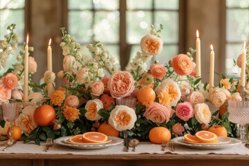 Poster - A table showcasing a variety of oranges and vibrant flowers arranged neatly on its surface.