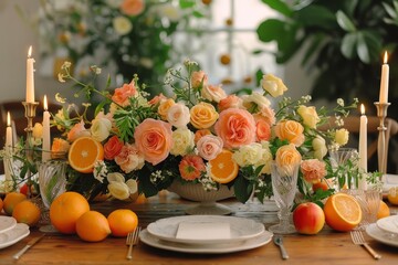 Poster - A table featuring a display of oranges and white plates.