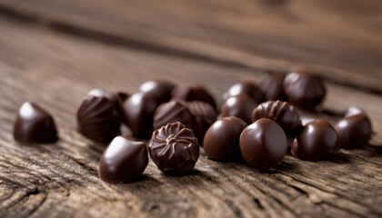 Poster - A pile of chocolate candies on a wooden table