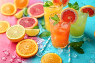 Aufkleber - A table featuring a selection of glasses filled with different types of drinks, presenting an array of colors and flavors.