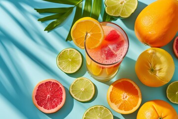 Poster - A composition of grapefruit, oranges, and limes artfully arranged on a vibrant blue surface.