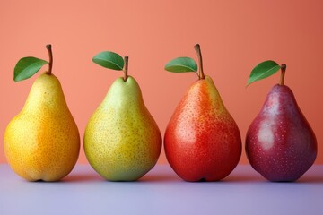 Poster - Ripe pears in vibrant colors of red, yellow, and green.