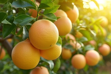 Poster - A tree bursting with ripe grapefruit, hanging from every branch in sunny garden