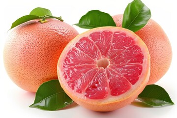 Poster - Red grapefruit that has been cut in half, with its vibrant pink flesh exposed, surrounded by fresh green leaves, all against a clean white background.