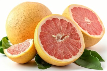 Aufkleber - A grapefruit cut in half with leaves arranged around it, showcasing its vibrant colors and fresh appearance.