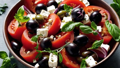 A bowl of sliced tomatoes, olives, and cheese