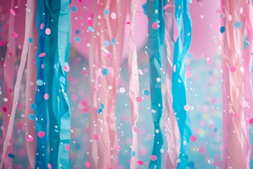 Poster - A painting showcasing blue and pink streamers on a pink background.