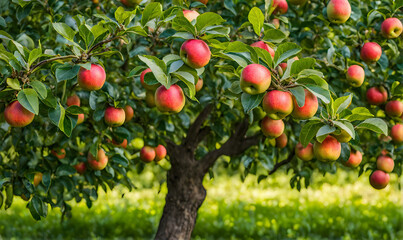 Poster - Ripe apple tree in foreground, soft-focus garden