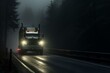 A dark truck emerges in the distance, its lights breaking through the mist. Generative AI