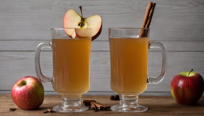 Canvas Print - Two glasses of cider with apples and cinnamon sticks