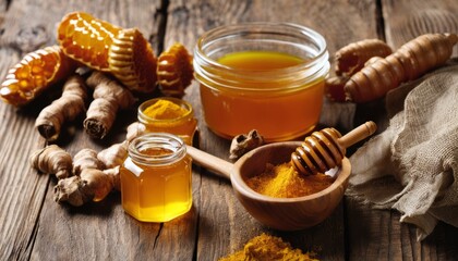 Sticker - A wooden table with various jars of honey and spices