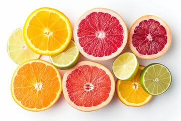 Poster - Several citrus fruits, including oranges, lemons, and limes, divided in halves, revealing their juicy interiors.