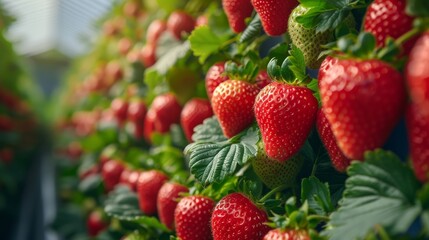 Sticker - Strawberries flourishing in a vertical hydroponic system in greenhouse. Agricultural Greenhous with hydroponic shelving system. 