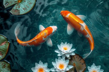 Wall Mural - Yin Yang Two Koi fishes golden white swimming in a pond with white waterlily flowers