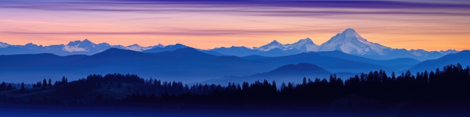 Wall Mural - Cascade Mountain Silhouette at Blue Hour. Sunset View of Cascade Mountains in the Background.